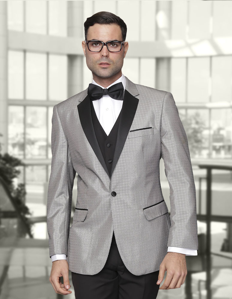 MODENA-SILVER 3PC TUXEDO SUIT,TAILORED FIT FLAT FRONT PANTS