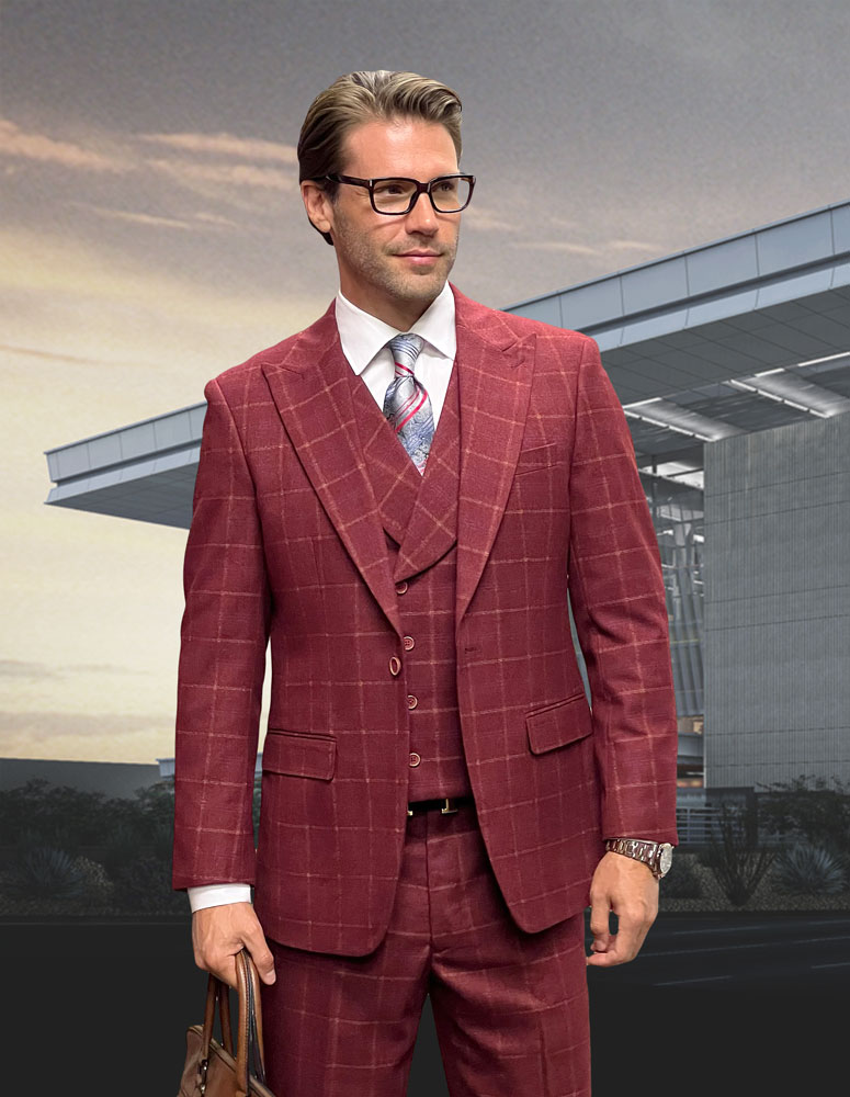 3PC PLAID SUIT WITH  DOUBLE BREASTED VEST. SUPER 200'S ITALIAN WOOL AND CASHMERE FABRIC. MODERN FIT FLAT FRONT PANTS