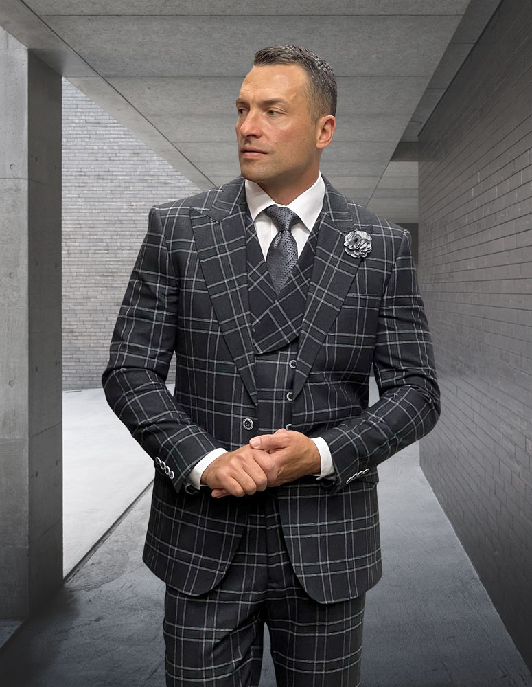 3PC PLAID SUIT WITH DOUBLE BREASTED VEST. SUPER 200'S ITALIAN WOOL AND CASHMERE FABRIC. MODERN FIT FLAT FRONT PANTS 