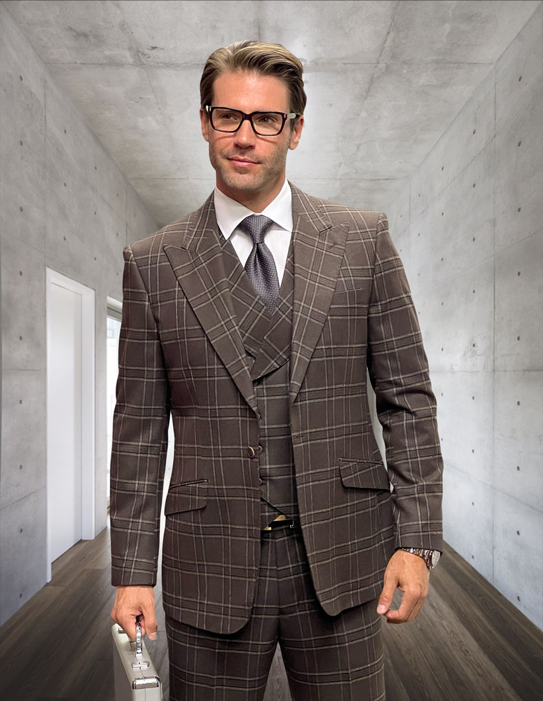 3PC PLAID SUIT WITH DOUBLE BREASTED VEST. SUPER 200'S ITALIAN WOOL AND CASHMERE FABRIC. MODERN FIT FLAT FRONT PANTS  