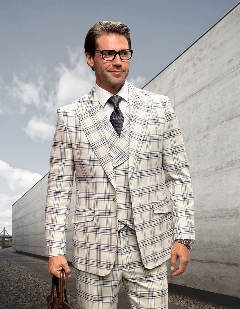 3PC PLAID SUIT WITH DOUBLE BREASTED VEST. SUPER 200'S ITALIAN WOOL AND CASHMERE FABRIC. MODERN FIT FLAT FRONT PANTS  