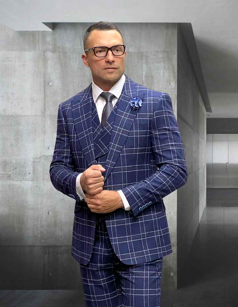 3PC PLAID SUIT WITH DOUBLE BREASTED VEST. SUPER 200'S ITALIAN WOOL AND CASHMERE FABRIC. MODERN FIT FLAT FRONT PANTS 