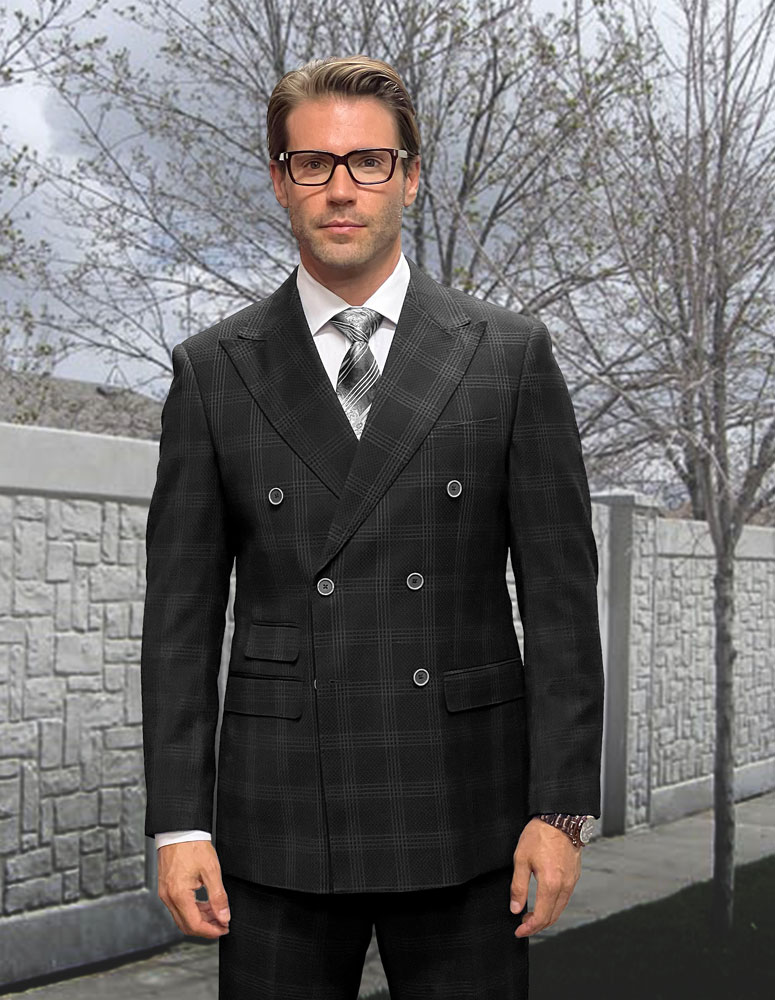 2PC BLACK SMOOTH PLAID DOUBLE BREASTED SUIT SUPER 200'S ITALIAN WOOL  