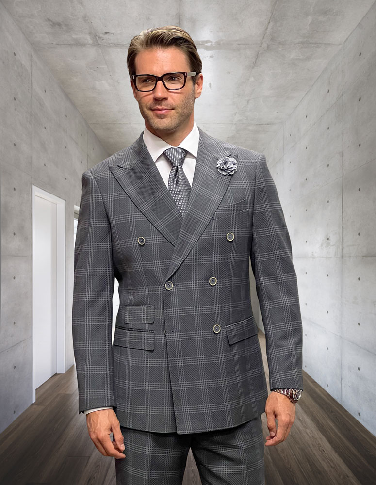 2PC GRAY SMOOTH PLAID DOUBLE BREASTED SUIT SUPER 200'S ITALIAN WOOL   