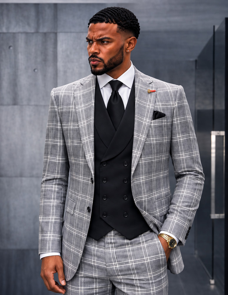 3PC PLAID SUIT WITH SOLID COLOR CONTRAST DOUBLE BREASTED VEST. SUPER 200'S ITALIAN WOOL AND CASHMERE FABRIC. MODERN FIT FLAT FRONT PANTS