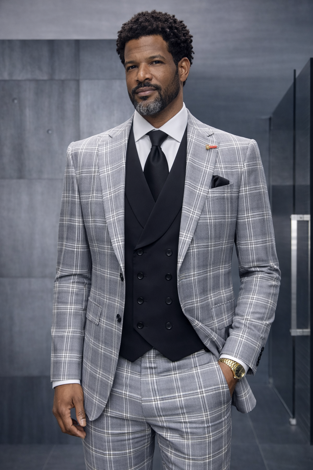 3PC PLAID SUIT WITH SOLID COLOR CONTRAST DOUBLE BREASTED VEST. SUPER 200'S ITALIAN WOOL AND CASHMERE FABRIC. MODERN FIT FLAT FRONT PANTS