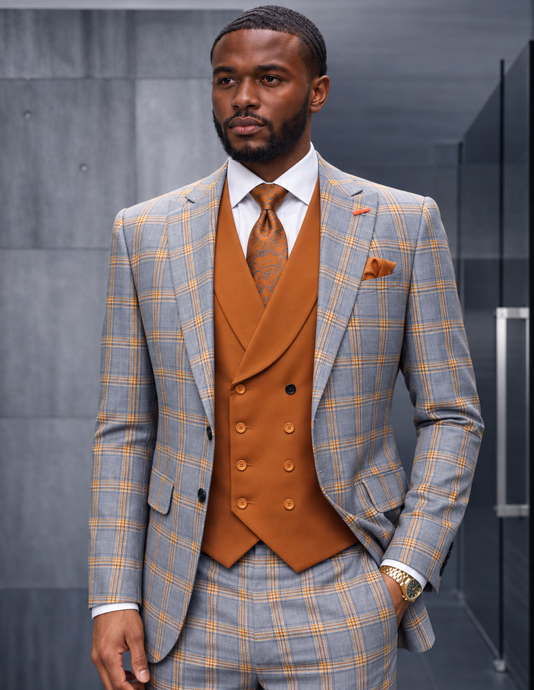 3PC PLAID SUIT WITH SOLID COLOR CONTRAST DOUBLE BREASTED VEST. SUPER 200'S ITALIAN WOOL AND CASHMERE FABRIC. MODERN FIT FLAT FRONT PANTS 