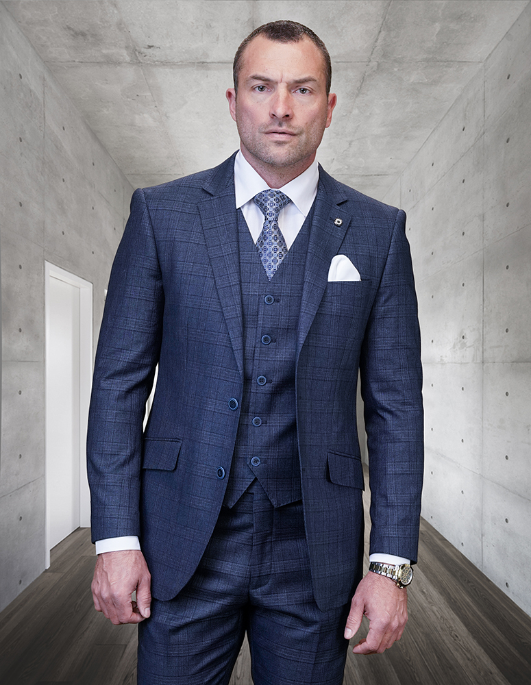 STATEMENT CONFIDENCE 3PC INDIGO PLAID SUITS SUPER 200'S ITALIAN WOOL AND CASHMERE. MODERN FIT FLAT FRONT PANTS 