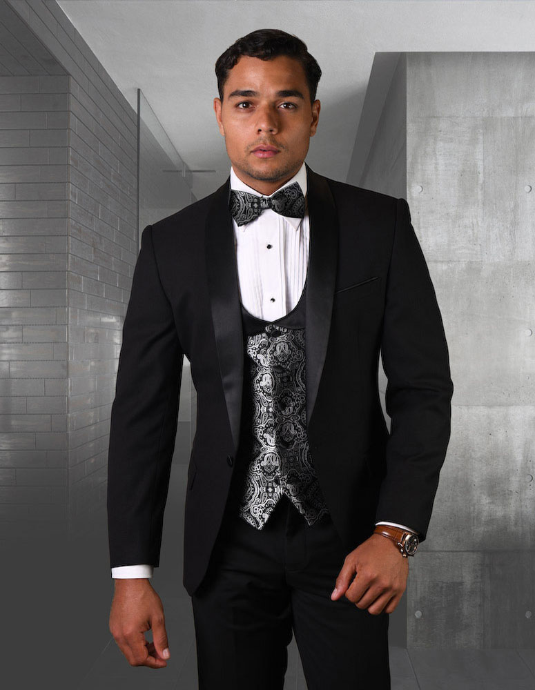STATEMENT 3PC BLACK SHAWL LAPEL TUXEDO SUIT WITH FLAT FRONT PANTS INCLUDING MATCHING BOWTIE