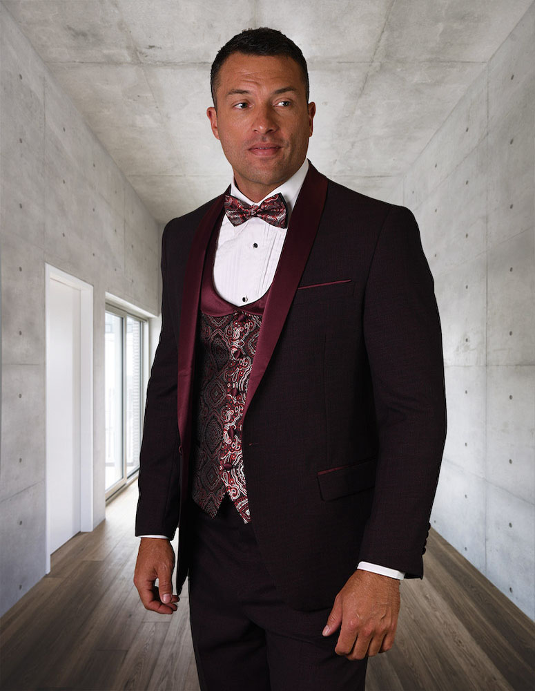 STATEMENT 3PC BURGUNDY SHAWL LAPEL TUXEDO SUIT WITH FLAT FRONT PANTS INCLUDING MATCHING BOWTIE 