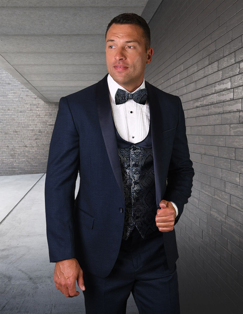 STATEMENT 3PC INDIGO SHAWL LAPEL TUXEDO SUIT WITH FLAT FRONT PANTS INCLUDING MATCHING BOWTIE 