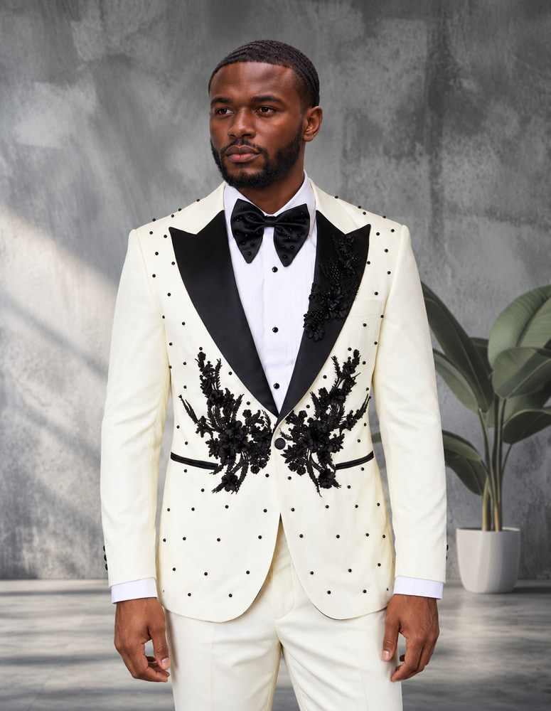 2PC ITALIAN WOOL LUXURY TUXEDO WITH BLACK STONES. MODERN FIT FLAT FRONT PANTS