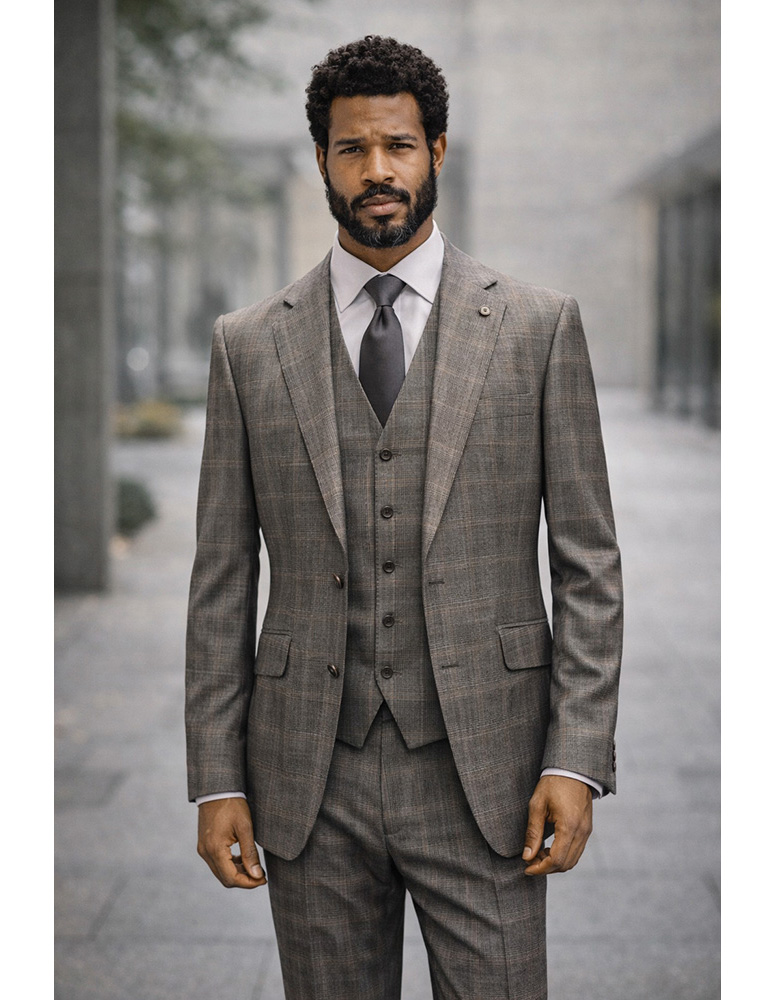  STATEMENT 3PC PLAID SUIT SUPER 200'S ITALIAN WOOL. MODERN FIT FLAT FRONT PANTS 