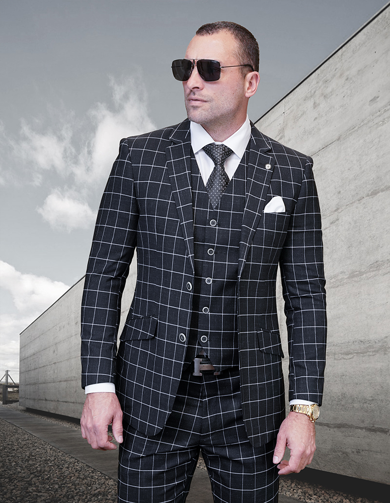STATEMENT CONFIDENCE 3PC BLACK PLAID SUITS SUPER 200'S ITALIAN WOOL AND CASHMERE. MODERN FIT FLAT FRONT PANTS 