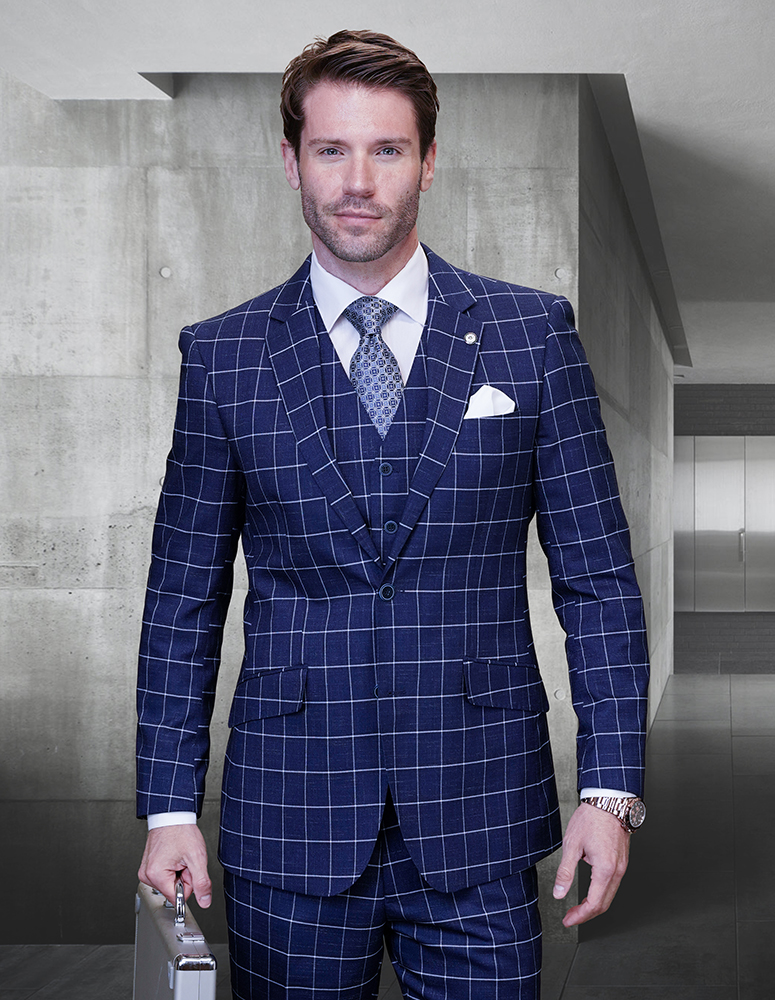 STATEMENT CONFIDENCE 3PC SAPPHIRE PLAID SUITS SUPER 200'S ITALIAN WOOL AND CASHMERE. MODERN FIT FLAT FRONT PANTS 