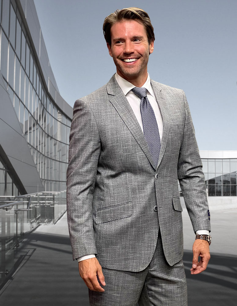 STATEMENT CONFIDENCE 2PC GREY PLAID SUITS SUPER 200'S ITALIAN WOOL AND CASHMERE. MODERN FIT FLAT FRONT PANTS  