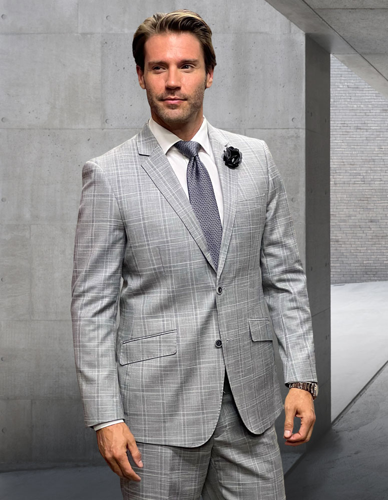 STATEMENT CONFIDENCE 2PC GREY PLAID SUITS SUPER 200'S ITALIAN WOOL AND CASHMERE. MODERN FIT FLAT FRONT PANTS 