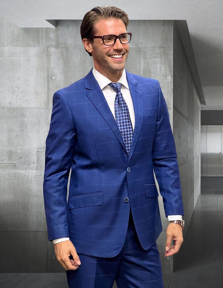 STATEMENT CONFIDENCE 2PC SAPPHIRE  PLAID SUITS SUPER 200'S ITALIAN WOOL AND CASHMERE. MODERN FIT FLAT FRONT PANTS 