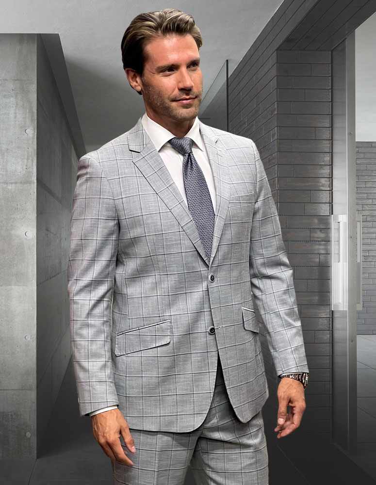 STATEMENT CONFIDENCE 2PC GREY PLAID SUITS SUPER 200'S ITALIAN WOOL AND CASHMERE. MODERN FIT FLAT FRONT PANTS