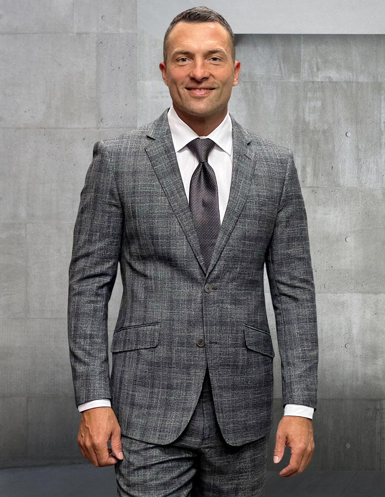 STATEMENT CONFIDENCE 2PC GREY PLAID SUITS SUPER 200'S ITALIAN WOOL AND CASHMERE. MODERN FIT FLAT FRONT PANTS 