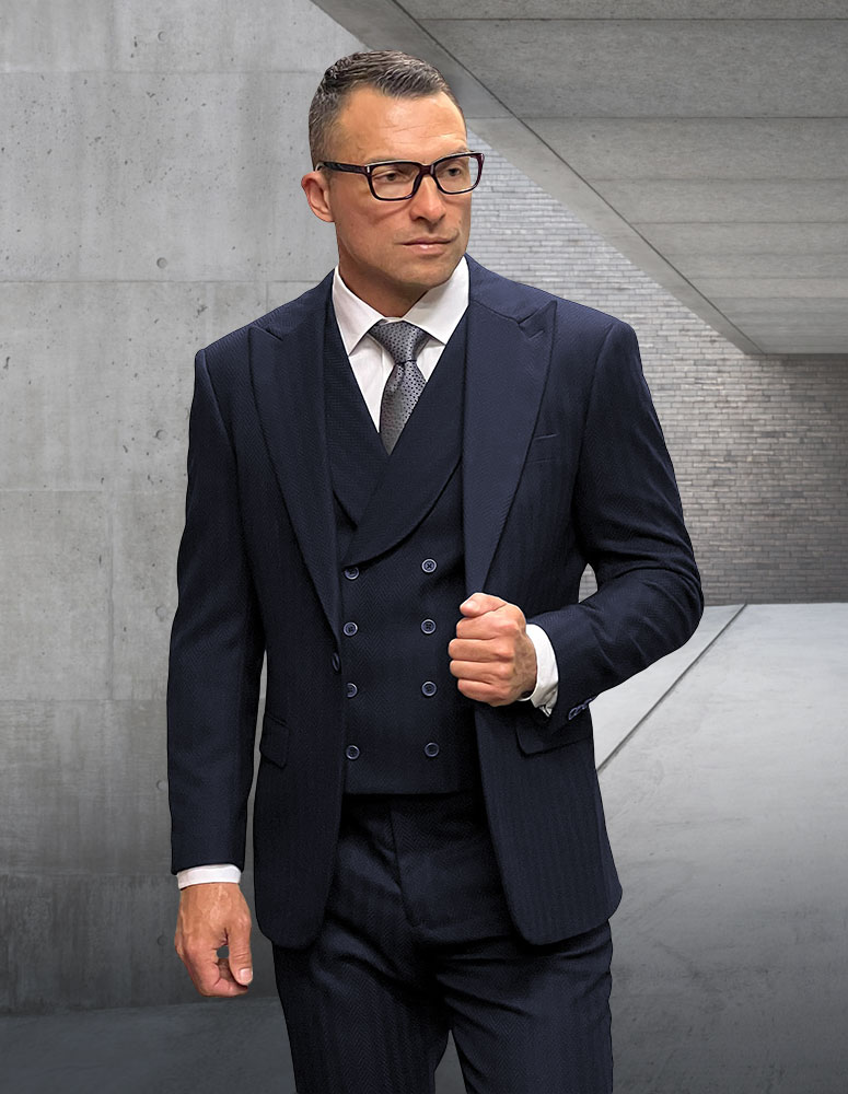 STATEMENT POSITANO 3PC BLACK PINSTRIPE SUIT, FLAT FRONT PANTS, 2 BUTTON SUPER 200'S, ITALIAN WOOL AND CASHMERE FABRIC 