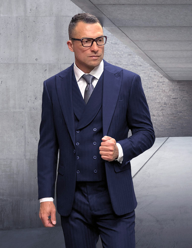 STATEMENT POSITANO 3PC NAVY PINSTRIPE SUIT, FLAT FRONT PANTS, 2 BUTTON SUPER 200'S, ITALIAN WOOL AND CASHMERE FABRIC 