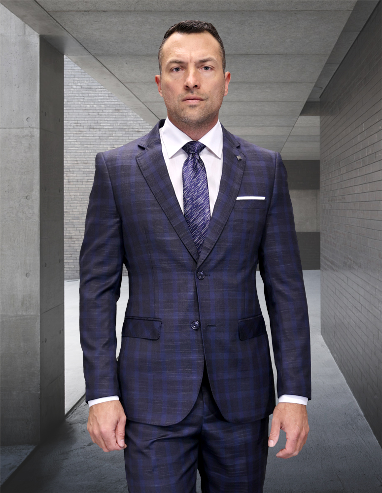 STATEMENT CONFIDENCE 2PC H.CHARCOAL PLAID SUITS SUPER 200'S ITALIAN WOOL AND CASHMERE. MODERN FIT FLAT FRONT PANTS  