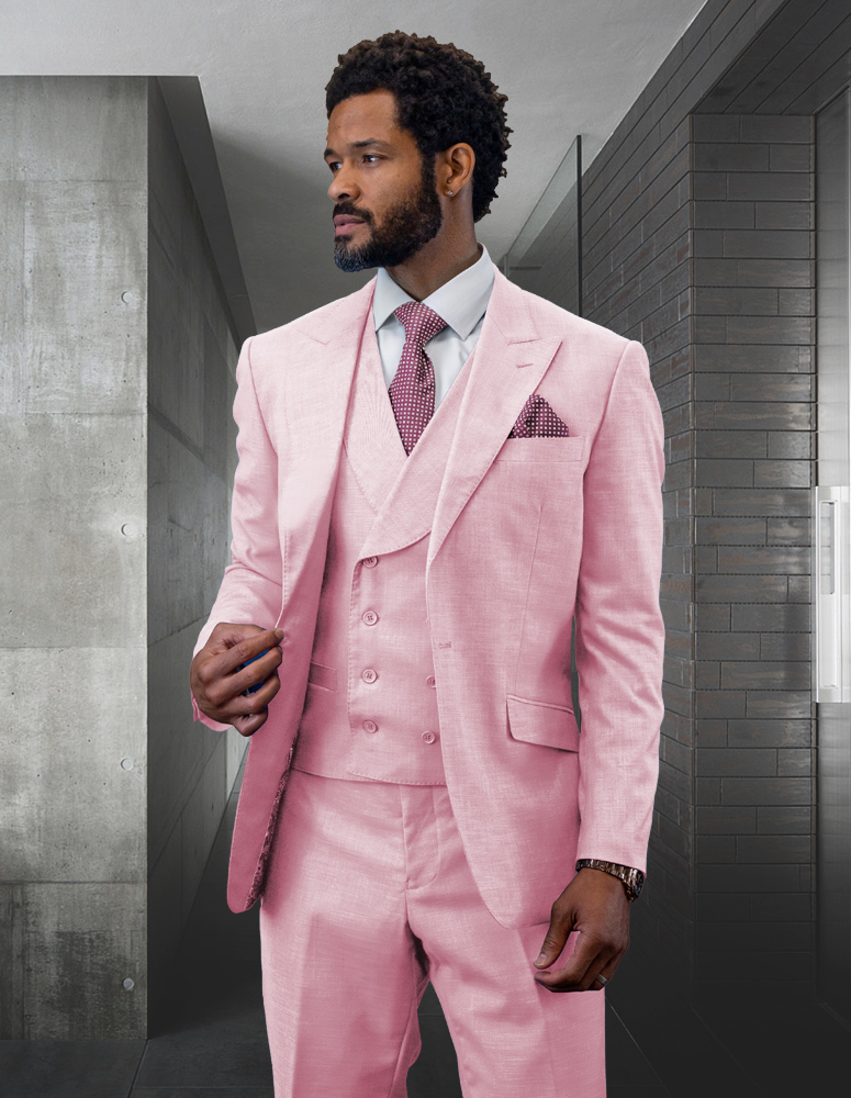 3PC 1BUTTON SOLID COLOR PINK PEAK LAPEL WITH SHAWL COLLAR DOUBLE BREASTED VEST SUPER 180\'S WOOL SUIT  