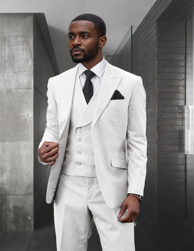 3PC 1BUTTON SOLID COLOR WHITE PEAK LAPEL WITH SHAWL COLLAR DOUBLE BREASTED VEST SUPER 180\'S WOOL SUIT 