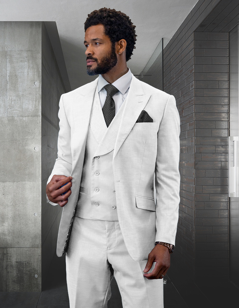 3PC 1BUTTON SOLID COLOR WHITE PEAK LAPEL WITH SHAWL COLLAR DOUBLE BREASTED VEST SUPER 180\'S WOOL SUIT 