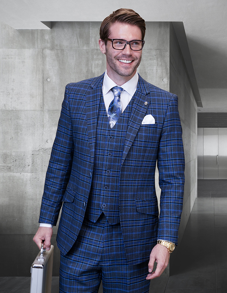 STATEMENT CONFIDENCE 3PC SAPPHIRE PLAID SUITS SUPER 200'S ITALIAN WOOL AND CASHMERE. MODERN FIT FLAT FRONT PANTS  