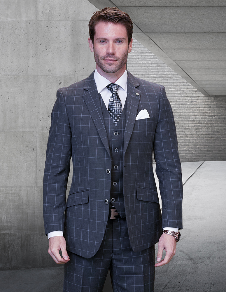 STATEMENT CONFIDENCE 3PC CHARCOAL PLAID SUITS SUPER 200'S ITALIAN WOOL AND CASHMERE. MODERN FIT FLAT FRONT PANTS 