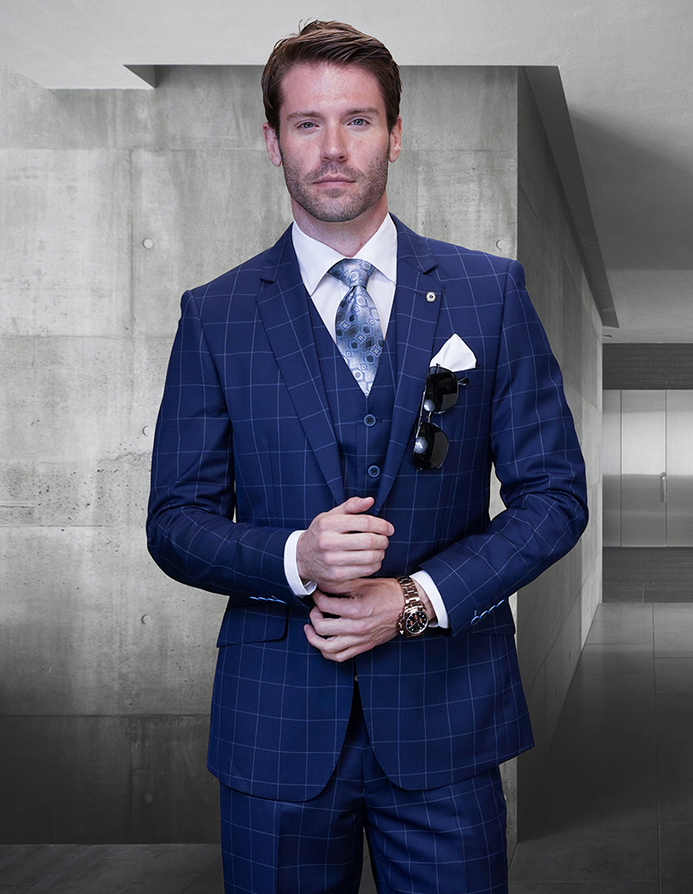 STATEMENT CONFIDENCE 3PC NAVY PLAID SUITS SUPER 200'S ITALIAN WOOL AND CASHMERE. MODERN FIT FLAT FRONT PANTS 
