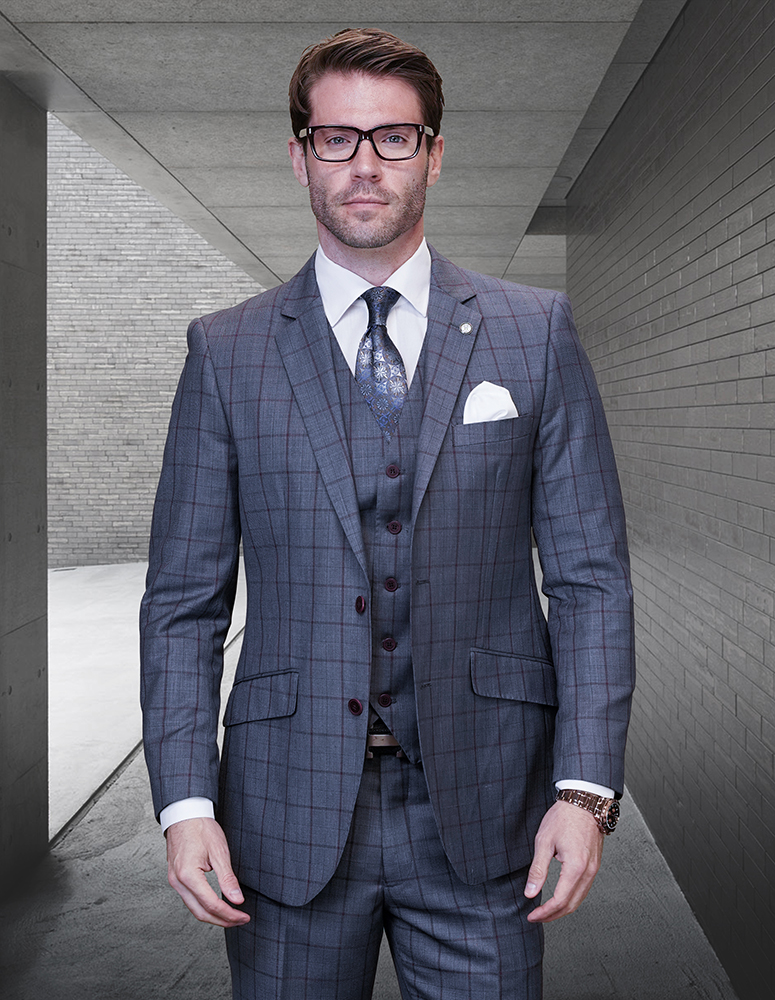 STATEMENT CONFIDENCE 3PC CHARCOAL PLAID SUITS SUPER 200'S ITALIAN WOOL AND CASHMERE. MODERN FIT FLAT FRONT PANTS  