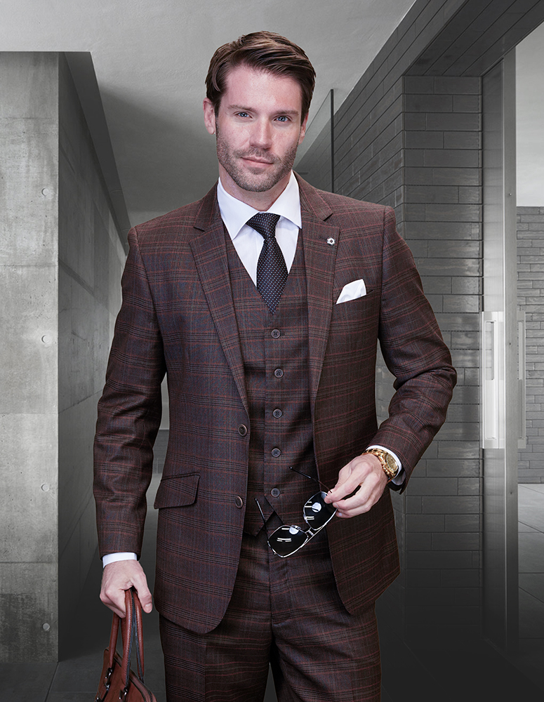 STATEMENT CONFIDENCE 3PC COPPER PLAID SUITS SUPER 200'S ITALIAN WOOL AND CASHMERE. MODERN FIT FLAT FRONT PANTS