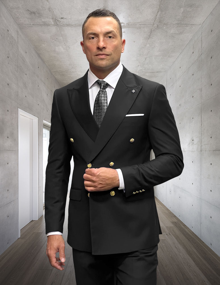 2PC ITALIAN BLACK DOUBLE BREASTED SUIT WITH GOLD BUTTONS MODERN FIT. FLAT FRONT PANTS SUPER 180'S ITALIAN WOOL FABRIC 