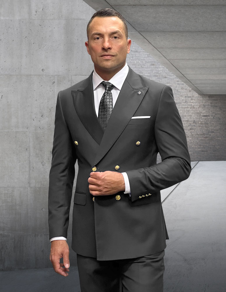 2PC ITALIAN CHARCOAL DOUBLE BREASTED SUIT WITH GOLD BUTTONS MODERN FIT. FLAT FRONT PANTS SUPER 180'S ITALIAN WOOL FABRIC 