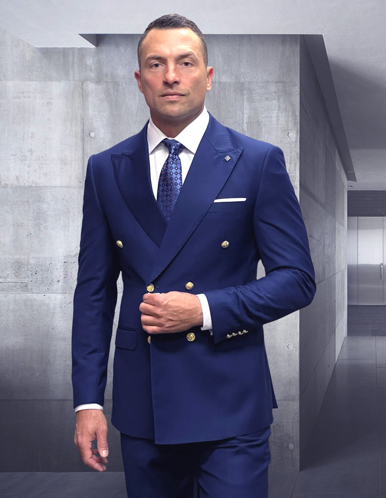 2PC ITALIAN SAPPIRE DOUBLE BREASTED SUIT WITH GOLD BUTTONS MODERN FIT. FLAT FRONT PANTS SUPER 180'S ITALIAN WOOL FABRIC 