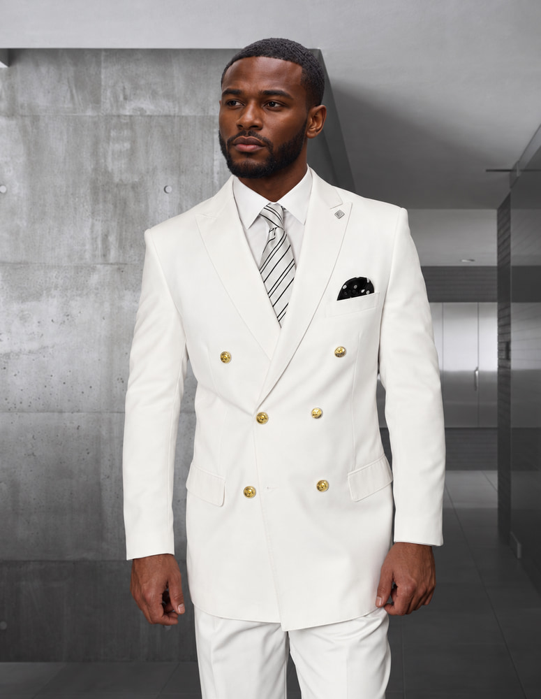 2PC ITALIAN WHITE DOUBLE BREASTED SUIT WITH GOLD BUTTONS MODERN FIT. FLAT FRONT PANTS SUPER 180'S ITALIAN WOOL FABRIC 