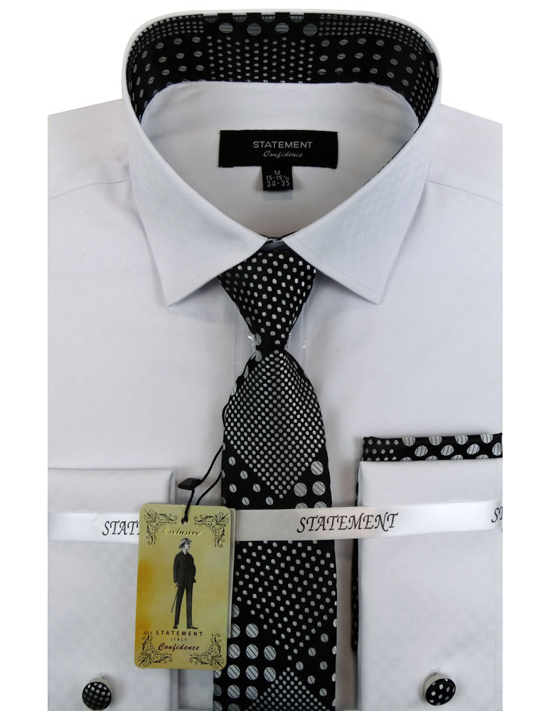 STATEMENT SH-3002 WHITE-BLACK DRESS SHIRT WITH TIE, HANKIE AND CUFF LINK SET 