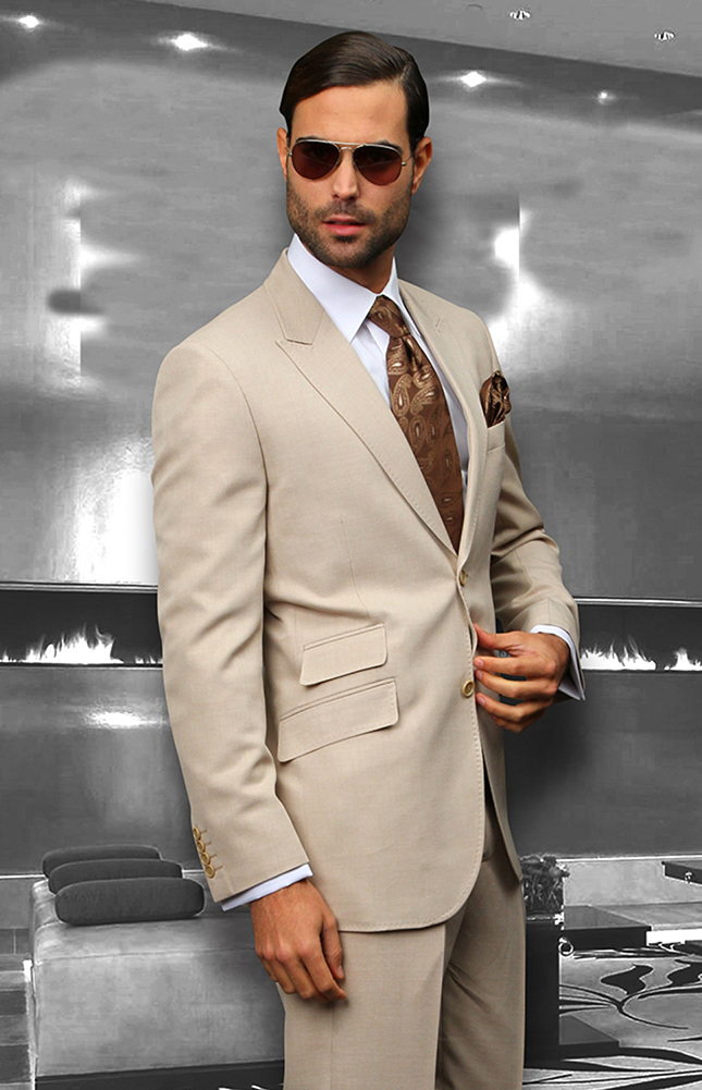 STATEMENT SL-100 3PC 2 BUTTON SOLID COLOR TAN MENS SUIT WITH A VEST SUPER 150'S EXTRA FINE ITALIAN WOOL     