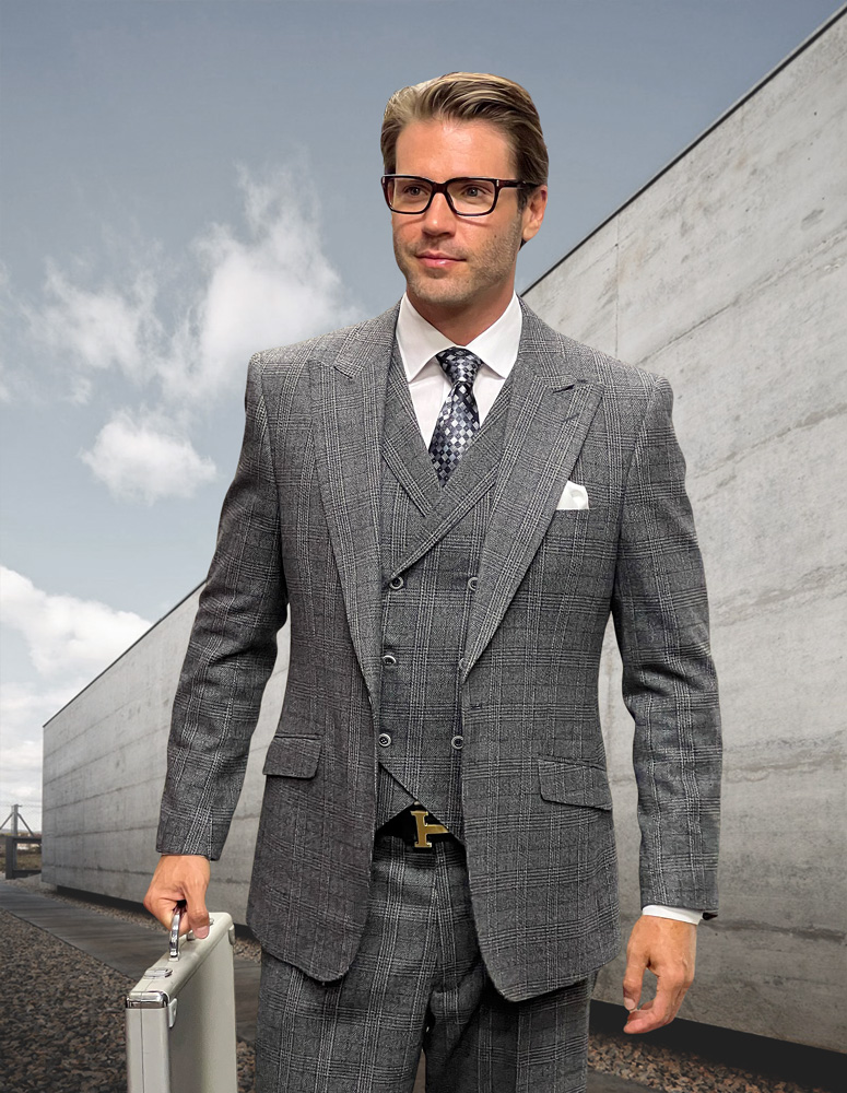 3PC  TWEED SELF PLAID SUIT WITH DOUBLE BREASTED VEST. SUPER 200'S ITALIAN WOOL AND CASHMERE FABRIC. MODERN FIT FLAT FRONT PANTS  