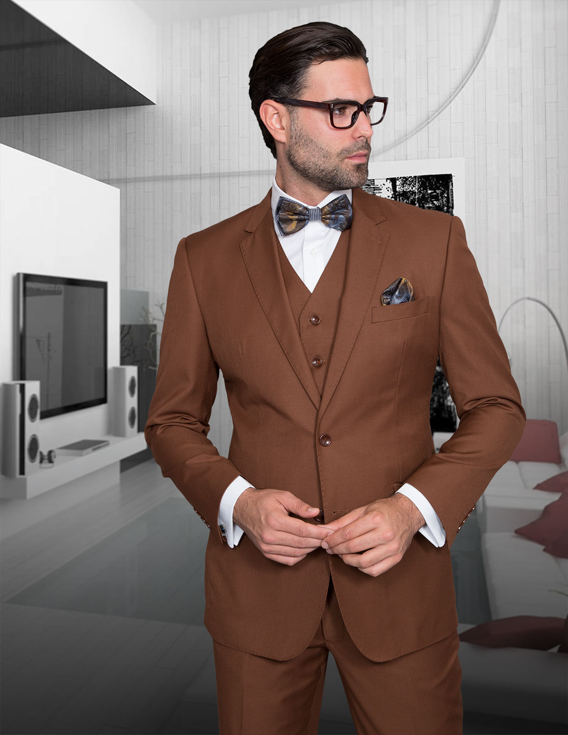 STATEMENT STZV-100 3PC SOLID COLOR COPPER SUIT. MODERN FIT FLAT FRONT PANTS. SUPER 150'S ITALIAN FABRIC