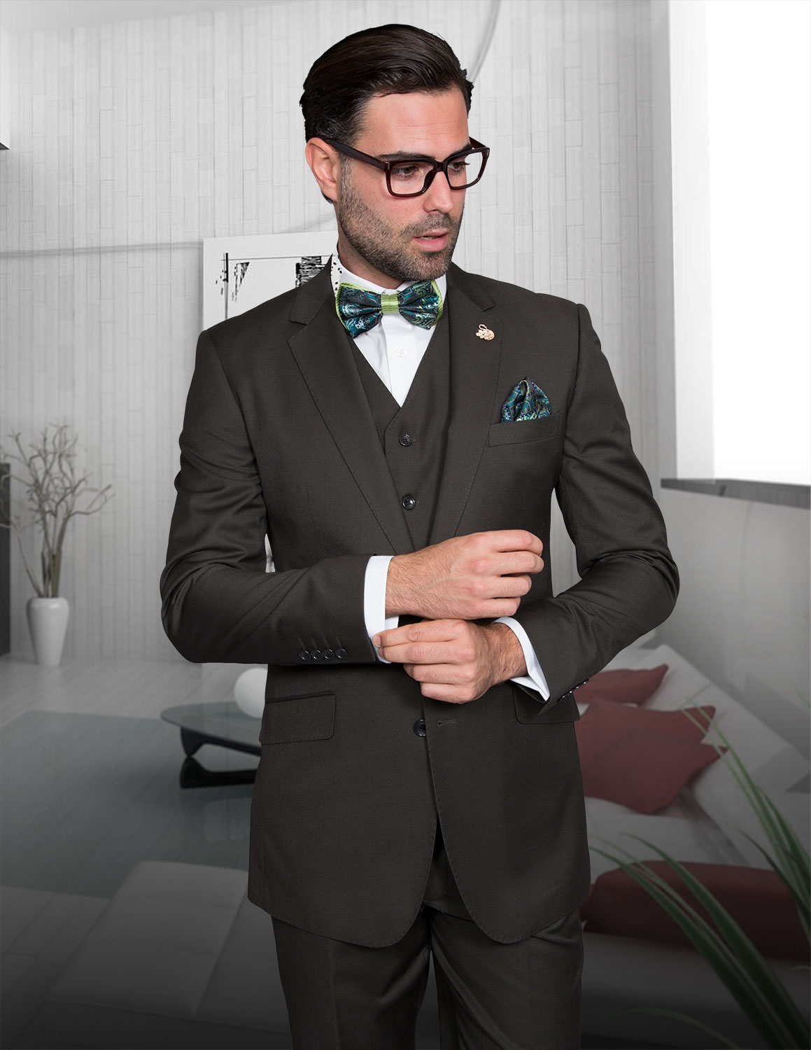 STATEMENT STZV-100 3PC SOLID COLOR OLIVE SUIT. MODERN FIT FLAT FRONT PANTS. SUPER 150'S ITALIAN FABRIC