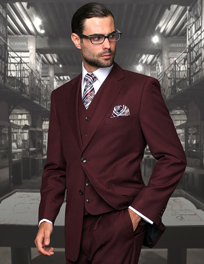 STZV-100 CLASSIC 3PC 2 BUTTON SOLID BURGUNDY MENS SUIT, FLAT FRONT PANTS, SUPER 150'S EXTRA FINE ITALIAN FABRIC   