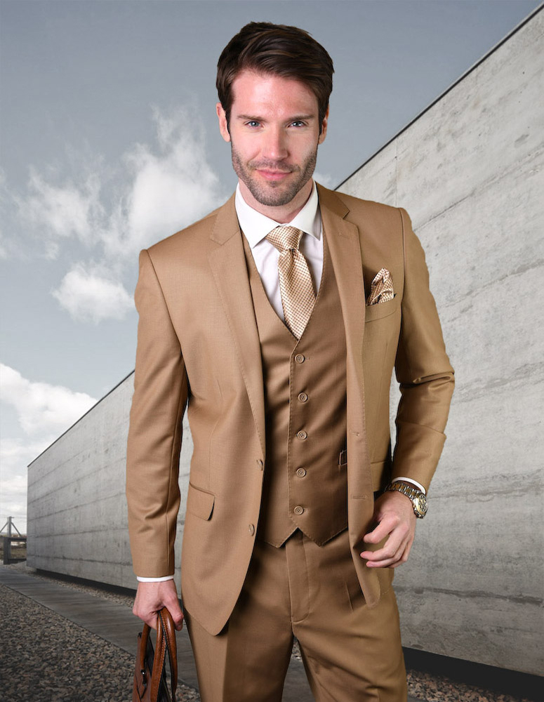 STATEMENT STZV-100 3PC 2 BUTTON SOLID COLOR CARAMEL MENS SUIT WITH A VEST SUPER 150'S EXTRA FINE ITALIAN WOOL     