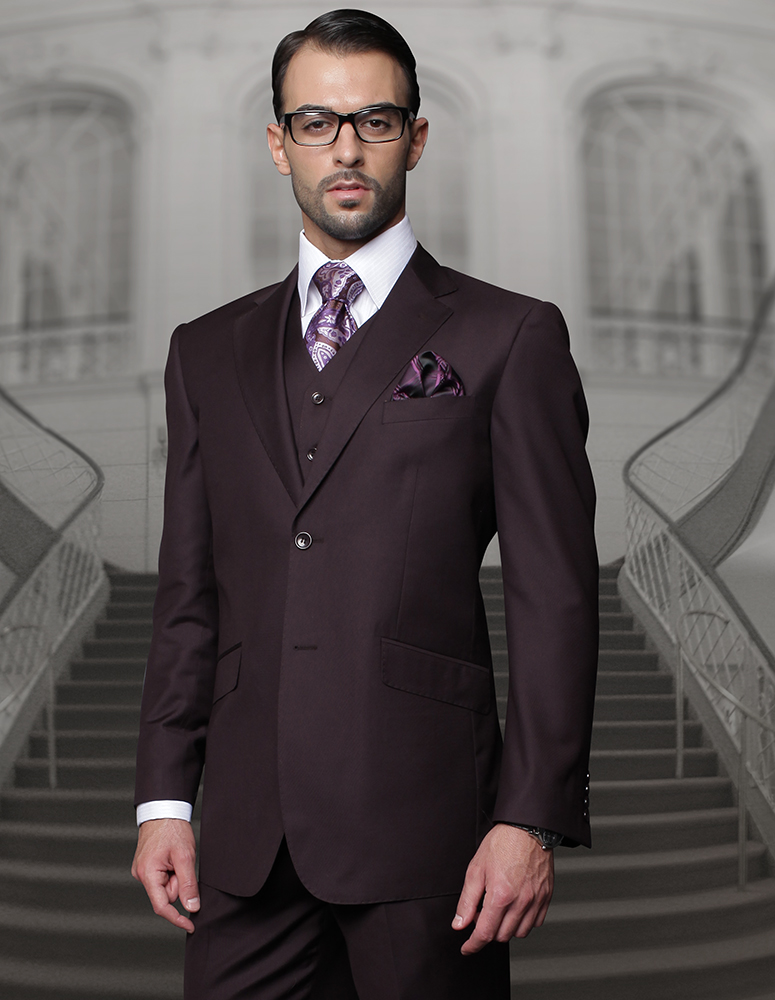 STATEMENT STZV-100 3PC 2 BUTTON SOLID COLOR EGGPLANT MENS SUIT WITH A VEST SUPER 150'S EXTRA FINE ITALIAN WOOL     