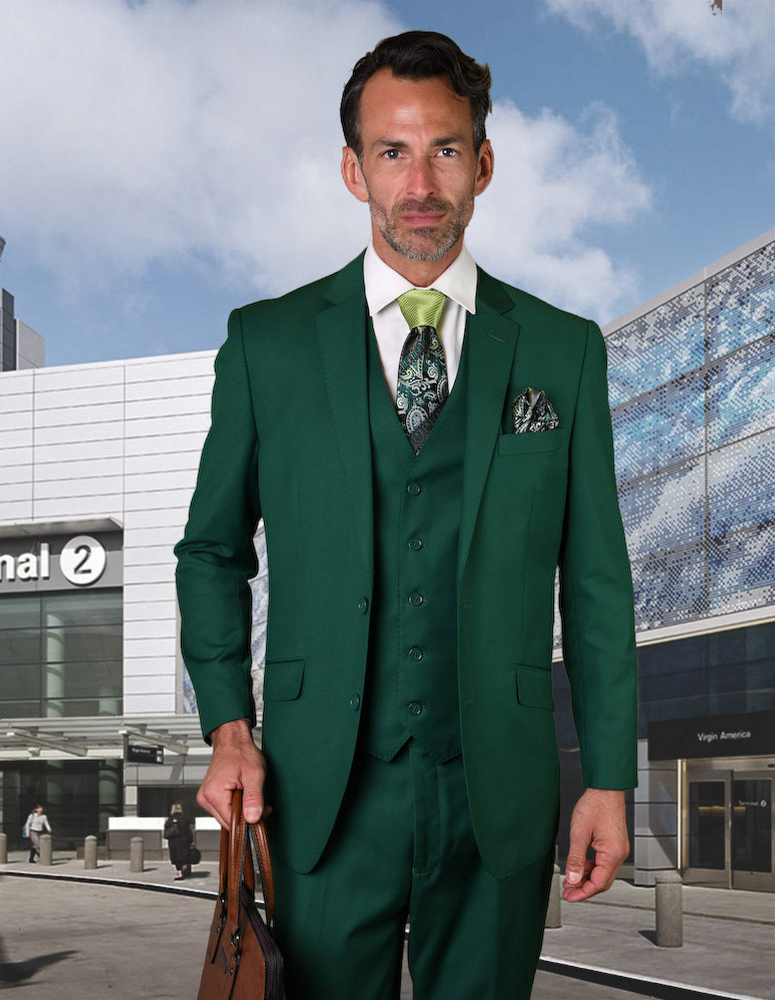 STATEMENT STZV-100 3PC 2 BUTTON SOLID COLOR FOREST GREEN MENS SUIT WITH A VEST SUPER 150'S EXTRA FINE ITALIAN WOOL     