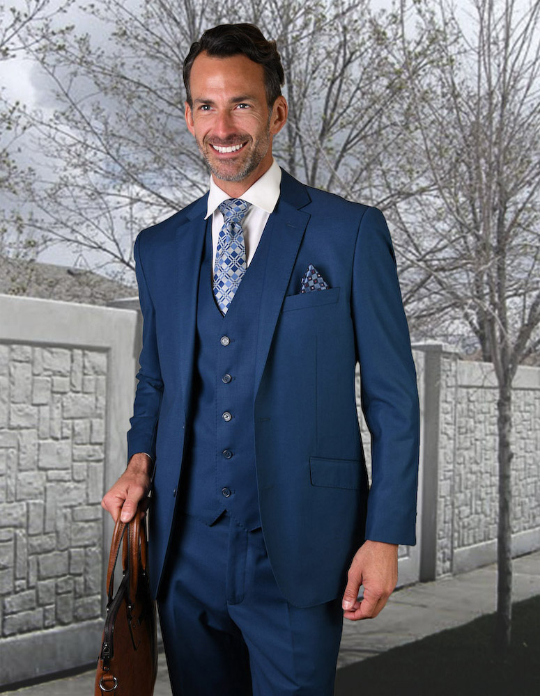 STATEMENT STZV-100 3PC 2 BUTTON SOLID COLOR FRENCHBLUE MENS SUIT WITH A VEST SUPER 150'S EXTRA FINE ITALIAN WOOL     