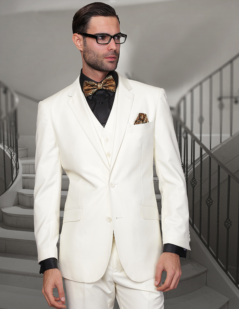 STATEMENT STZV-100 3PC 2 BUTTON SOLID COLOR OFFWHITE MENS SUIT WITH A VEST SUPER 150'S EXTRA FINE ITALIAN WOOL    
